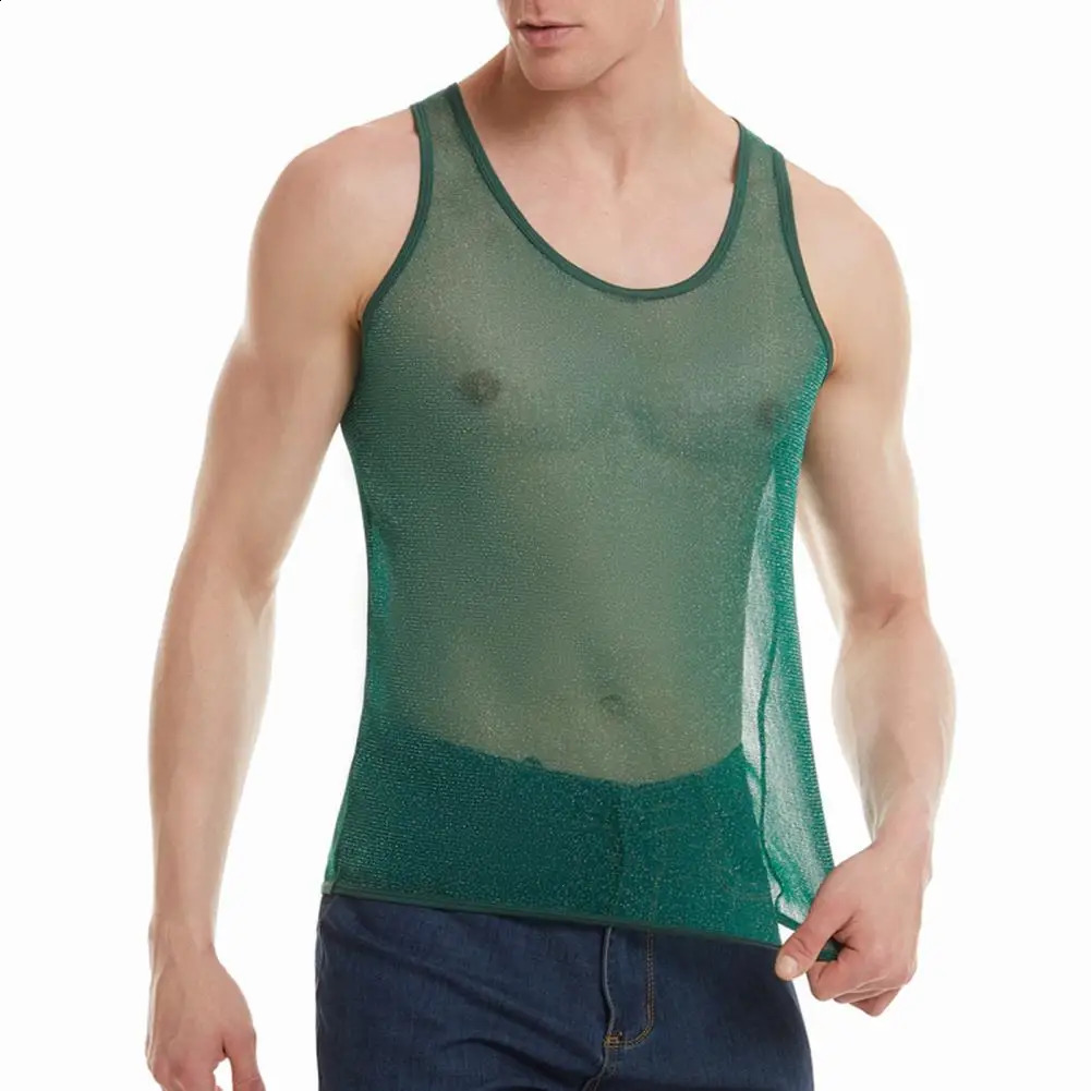Mens Mesh Tank Top Sleeveless Glittery Transparent Vest Casual See Through Muscle Tee Shirt for Daily Wear Gym Fitness 250407