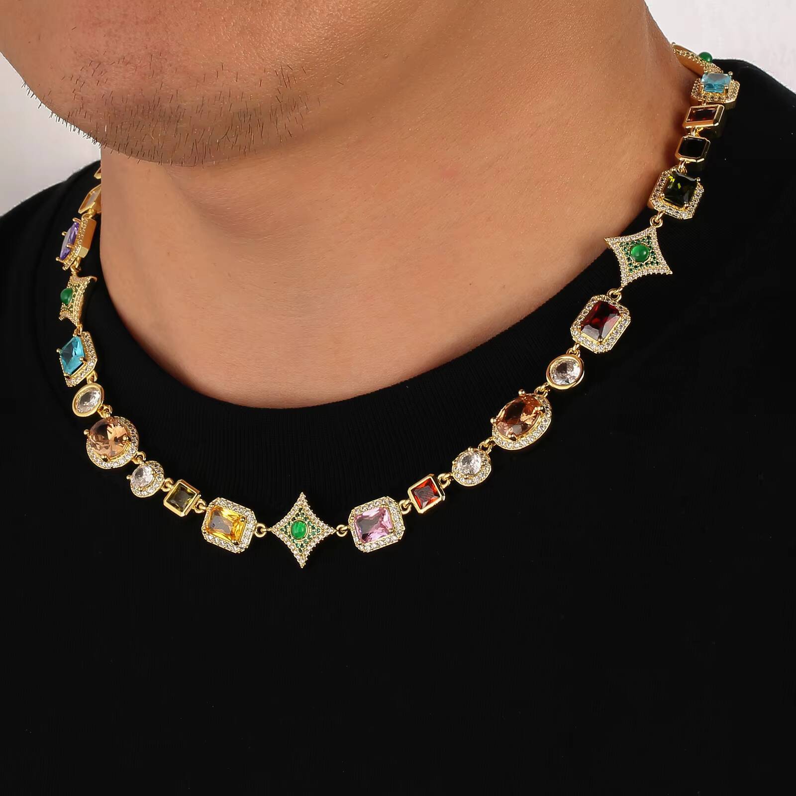 New Arrival 10mm Colorful Gemstone Chain Men Star Jewelry Women 18K Gold Plated Colored Zircon Geometry Motif Link Necklace
