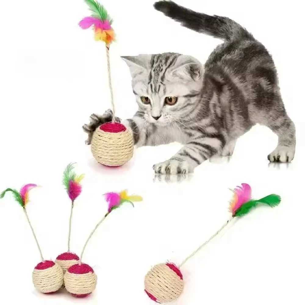 1 pet cat toy colored feather felt ball frosted claw interactive game ball cat toy sisal sand table ball Y250412