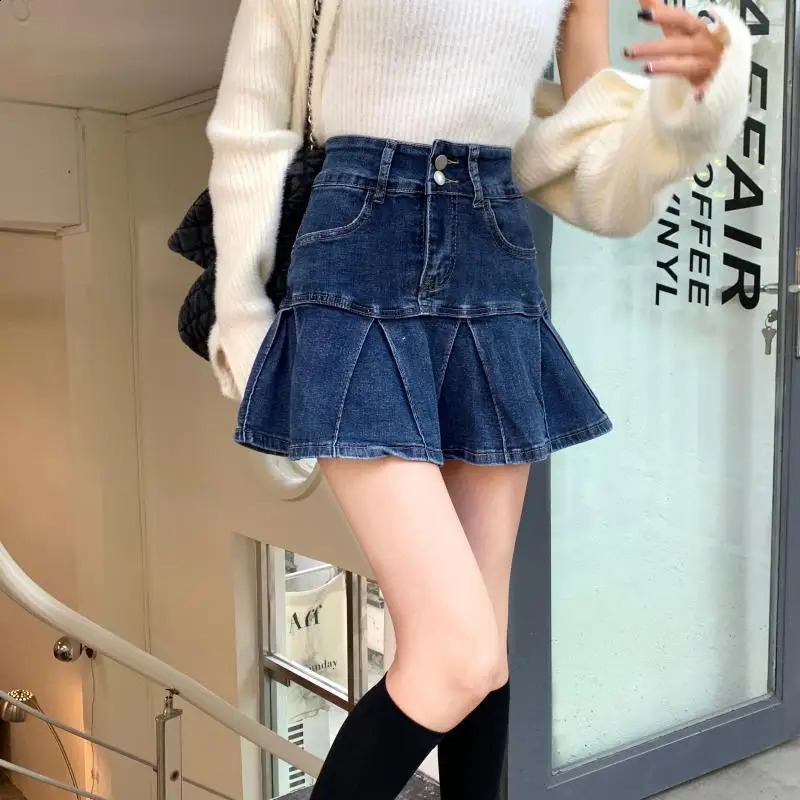 High-Waisted Denim Skirt Womens Pleated Retro Blue Skinny A-line Flanged Wrap Hip Skirt 250407