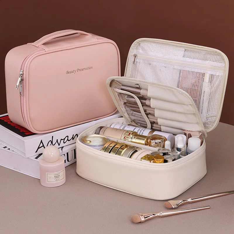 PU large capacity handbag makeup bag portable travel organizer Tolietry cosmetics storage bag womens double-layer bag 250410