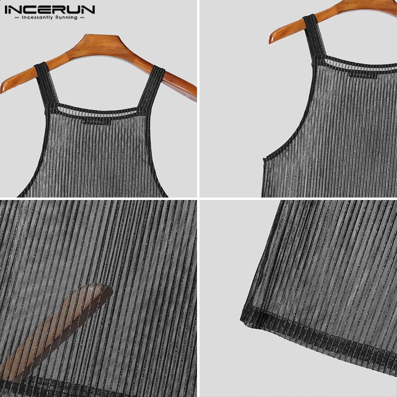 INCERUN Tops 2025 American Style Fashion Men Sparkling Fabric Stripe Perspective Mesh Vests Casual Clubwear Male Thin Tank Tops 250407