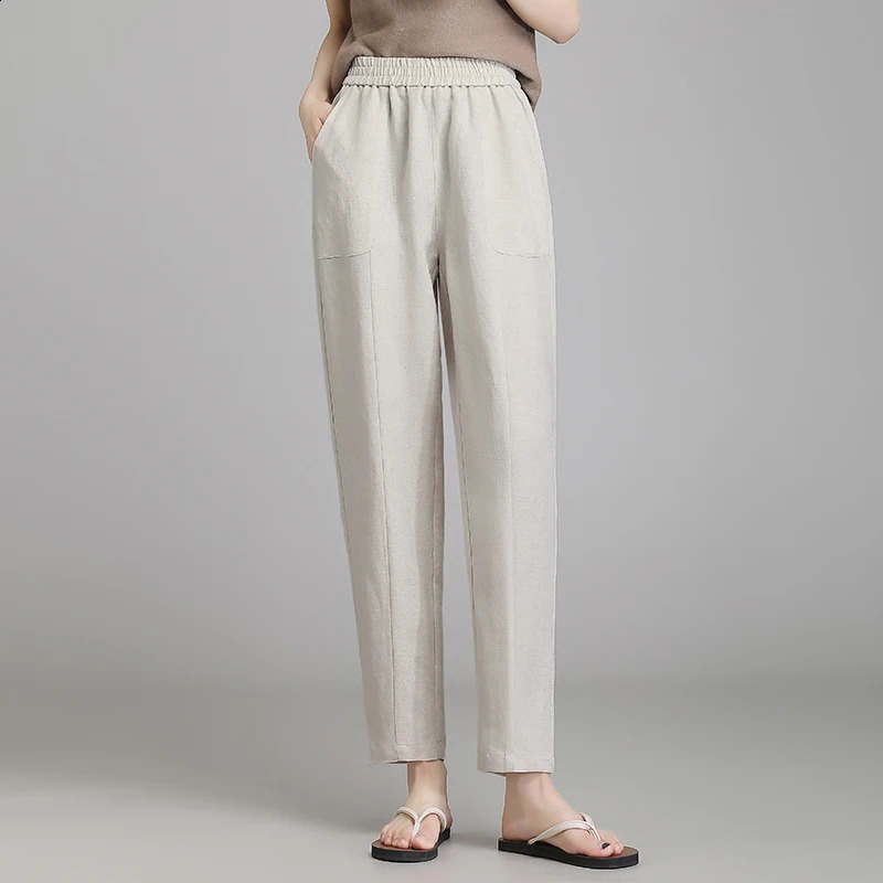 2025 Elastic Waist Linen Lanterns Loose 9-point Casual Pants Harun Pants Spring Summer Cotton Linen Womens Fat MM S-4XL 250411