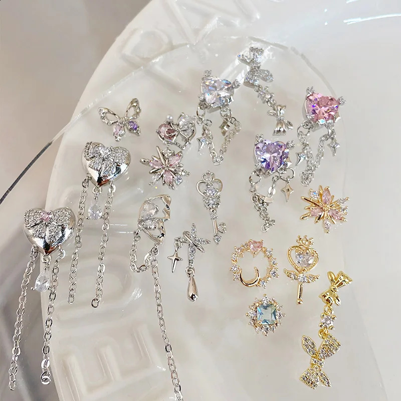 5 pieces of high-end heart-shaped zircon chain pendant butterfly moon star gold silver alloy copper strip zircon nail art decoration 250407