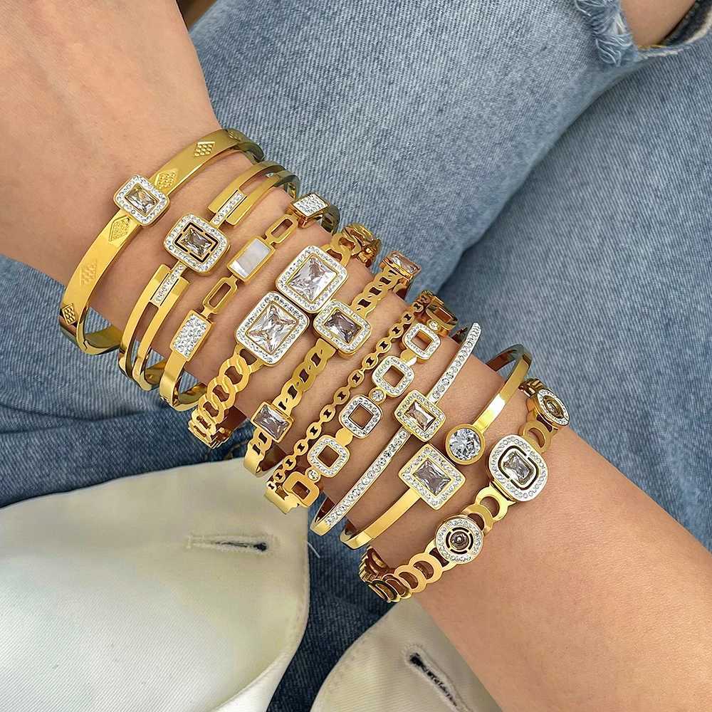 Flashbuy New Design Cubic Zircon Stainless Steel Bangles Bracelets for Women Geometric Gold Color Waterproof Fashion JewelryC250411