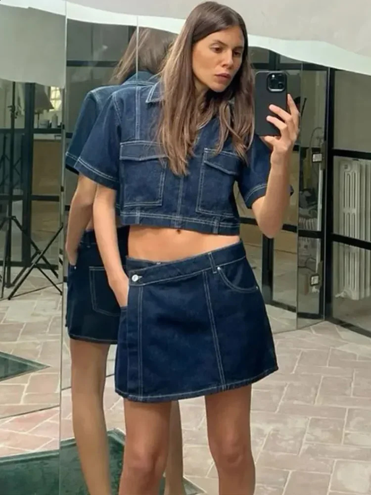 Street Denim Hem Mini Skirt Set Women Lapel Loose Short Sleeve Cropped Tops Irregular Shorts Suit 2025 Y2k Solid Outfits 250411