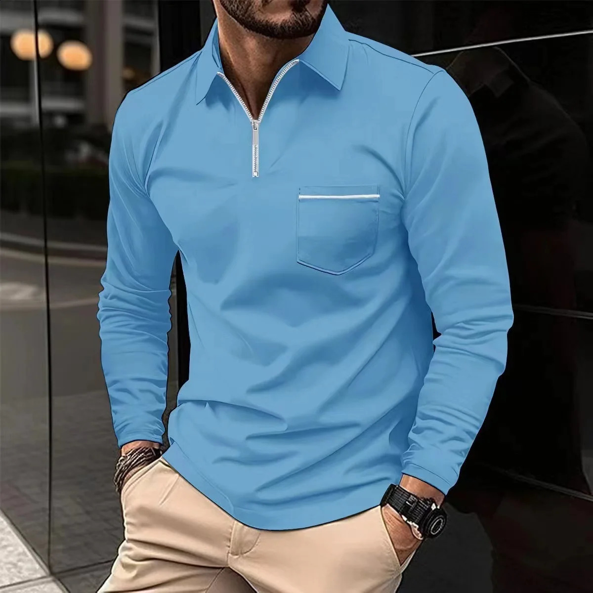 2024 Spring Autumn Solid Color Long Sleeve Polo Shirt Zipper Pocket Lapel Mens Casual Sports Long Sleeve Top Men 250409