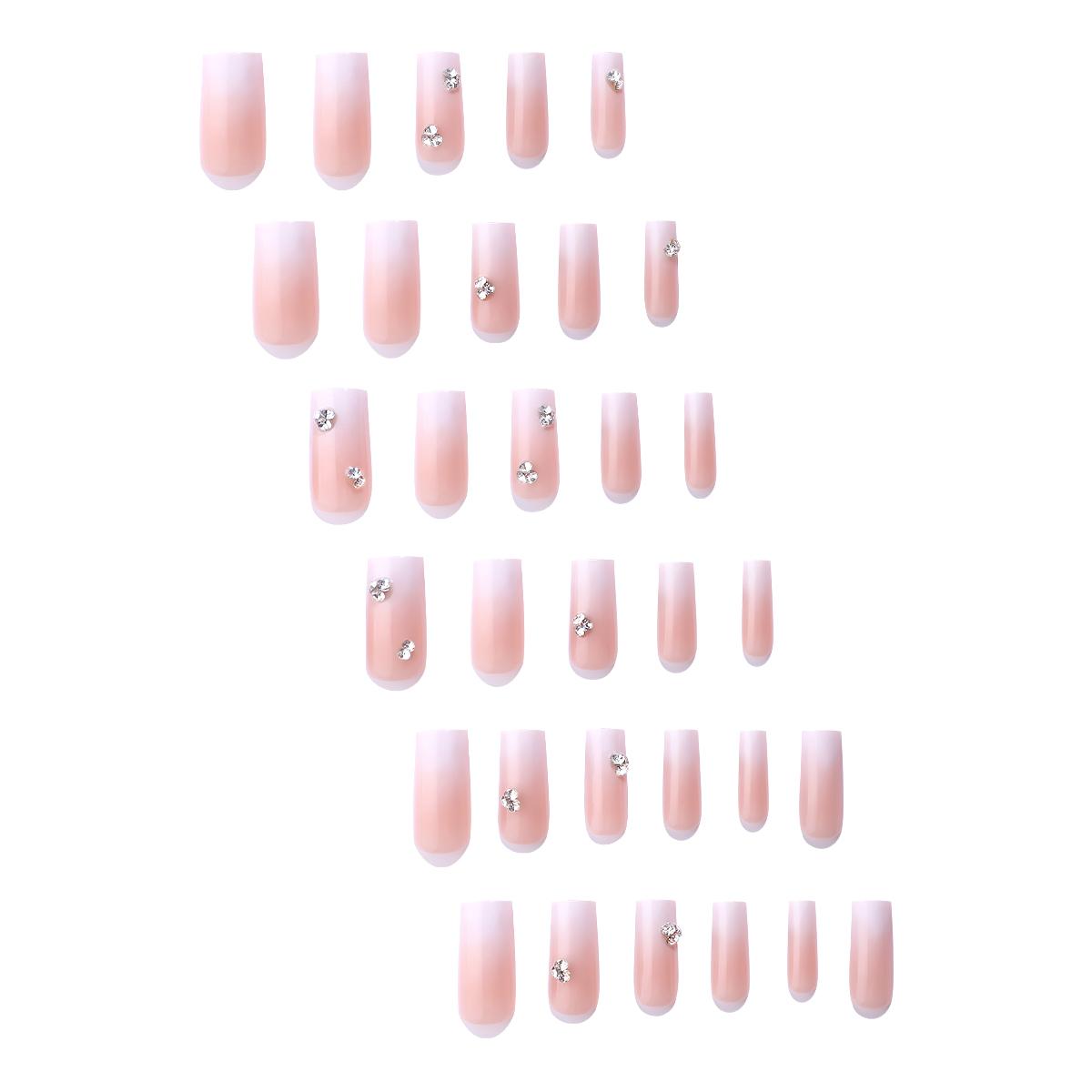 Gradient White Acrylic Press-On Nails - Set of 32 Long Coffin Shaped Nail Strips with Sparkling Diamonds