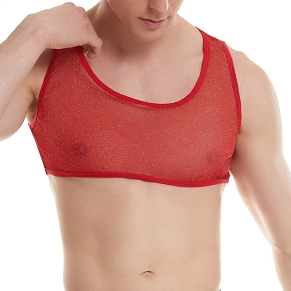 Sexy mens transparent Tshirt mesh top vest sleeveless sports muscle underwear Uneck 250407
