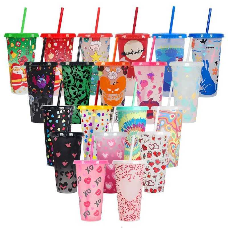 Christmas 710ml Plastic Straw Cup Halloween Christmas Color Changing Cup with Lid Plastic Cold Bucket Party Drink Cup Iced Drinks Mug Y251112