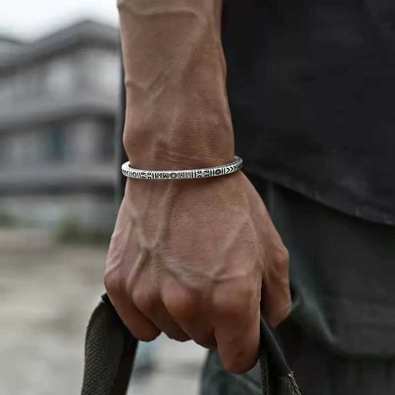 Boho Vintage Ethnic Style Engraved Fish Pattern Bracelet Silver Color Open Cuff Bracelet Men Girls Trend Casual Jewelry GiftsC250411