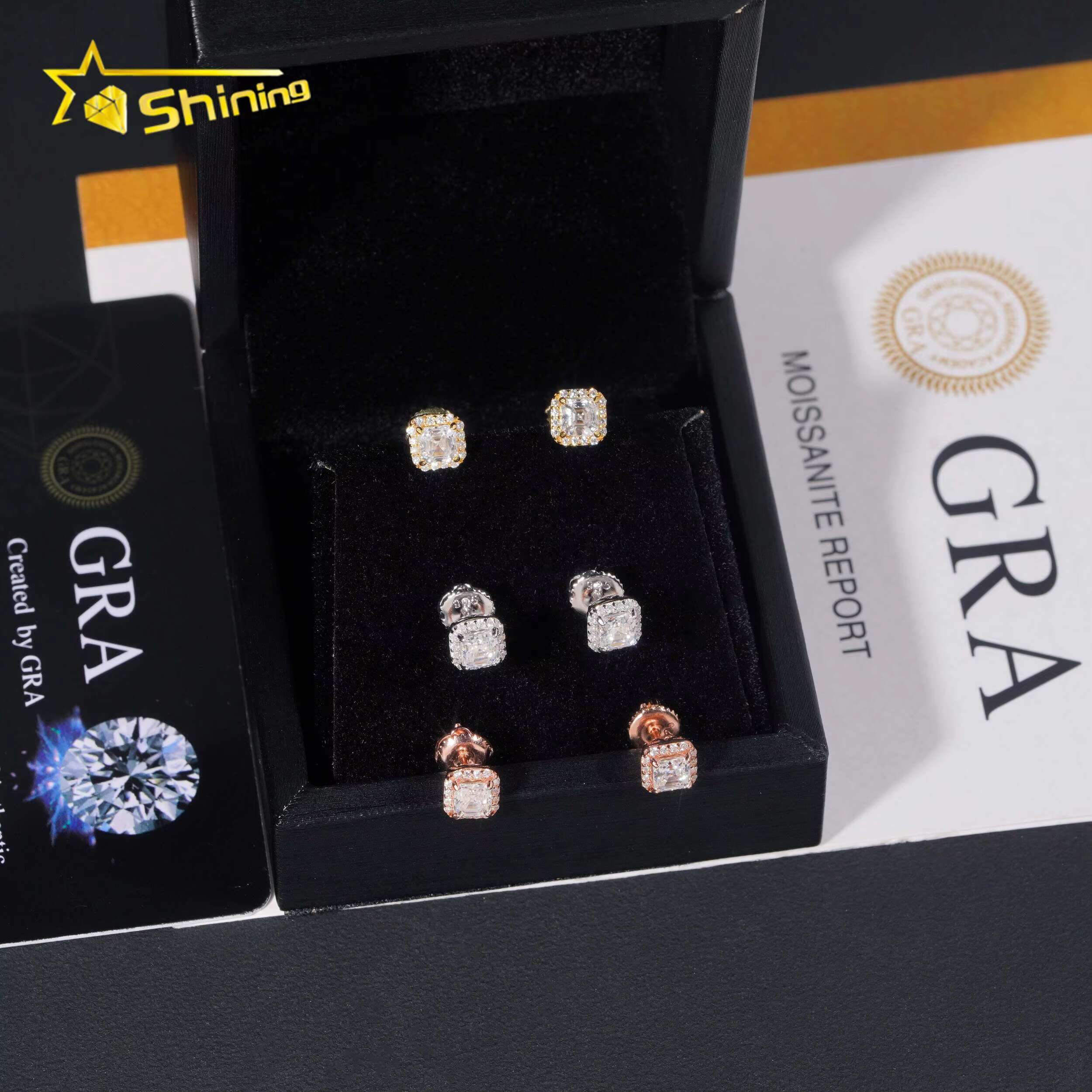 Pass Diamond Tester 925 Sterling Silver Hip Hop Stud Halo 4mm Asscher Cut Mens VVS Diamond Earring