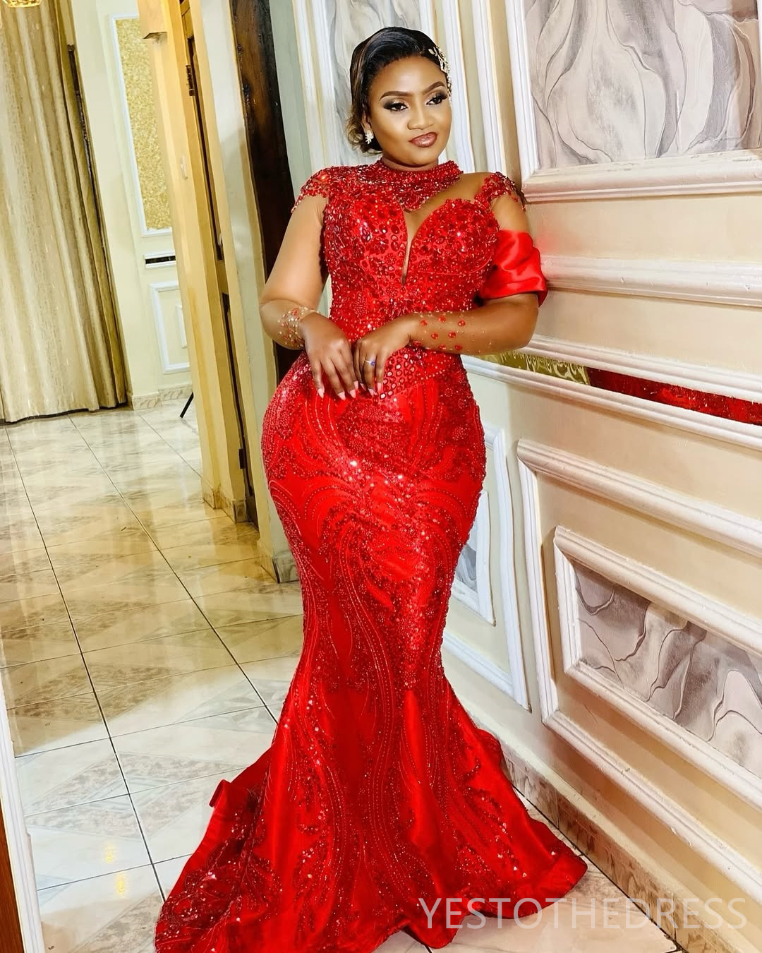 2025 Plus Size Red Prom Dress Mermaid Prom Dresses Evening Formal Gowns For Special Occasions High Neck Beaded Lace Birthday Second Reception Gowns AM