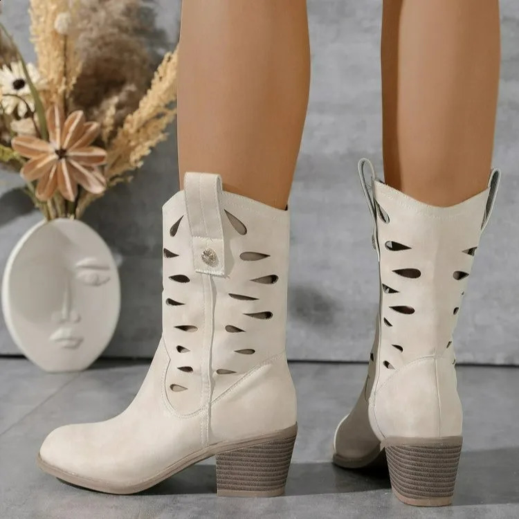 Womens Ankle Boots Hollow Heels Western Boots Winter Shoes Trend Party Dress Chunky Womens Boots Chelsea 250411