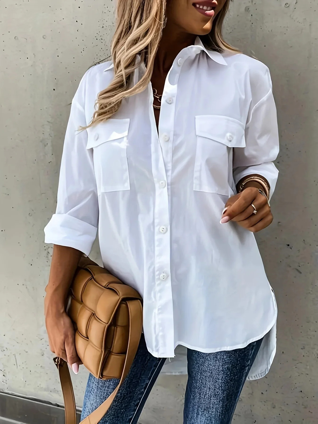 Fashion Plus Size Womens Versatile Solid Color Shirt Lapel Pocket Decoration Shirt Casual Loose and Simple Long Sleeved Shirt 250411