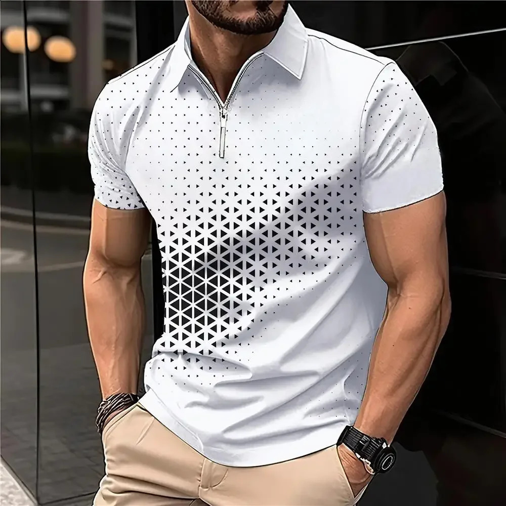 summer mens T-shirt short sleeves lapel letters printed buttons striped polo tee fashionable zipper top 250411