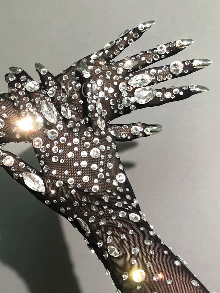 Mesh Black Gloves Shining Crystals Stones Long Mittens Rhinestones Stretch Transparent Bar Singer Party Stage Wear Accessories 250408