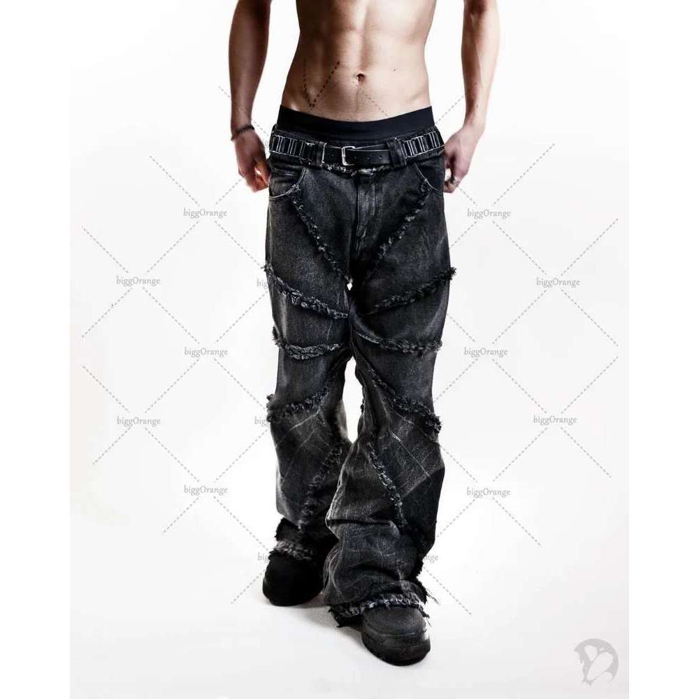 Y2K Punk Black American Street Rock Retro High Waist Oversized Jeans 2023 New Raw Edge Washed Straight Wide Leg Trousers Men