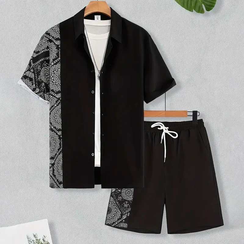 2024 New Mens Summer Holiday Set Retro Texture Printed Border Shirt Short Sleeve Two Piece Mens Breathable Pool SetXJ250412