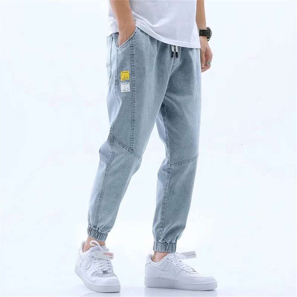 2024 Summer Men's Jeans Jogger Thin Harem Pants Cotton Banded Pant Korea Style Light Blue Hip Hop Beam Feet Casual Trousers Male