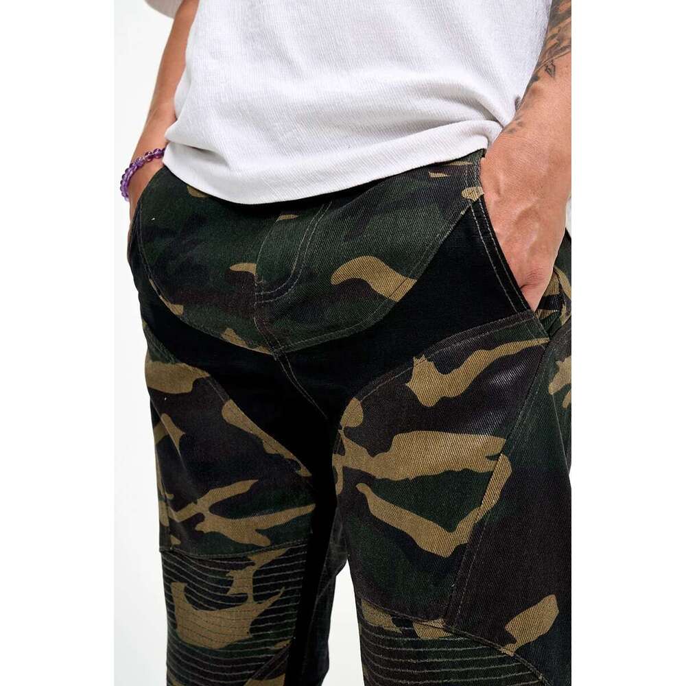 Splicing Brush Wax Locomotive Coating Micro-Pull Camouflage Men Street Wear Cargo Pants