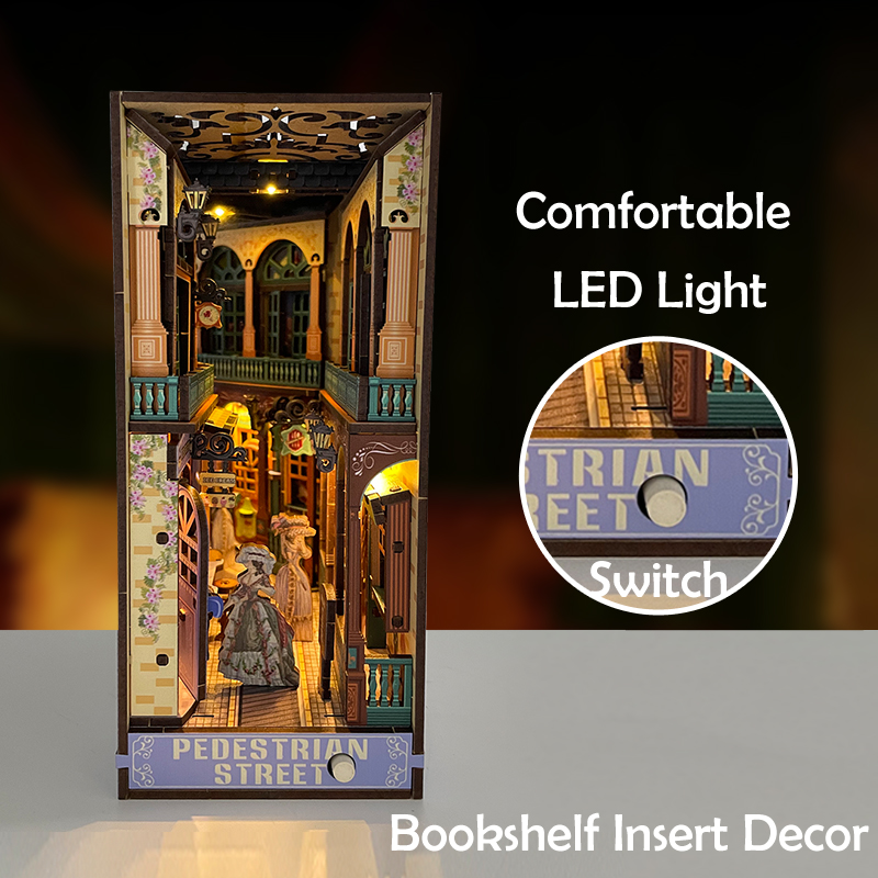 Pedestrian Street DIY Assembled Bookend, Exquisite 3D Wooden Puzzle with LED Light Effect, Creative Bookshelf Insert Decor & Unique Gift for Book Love