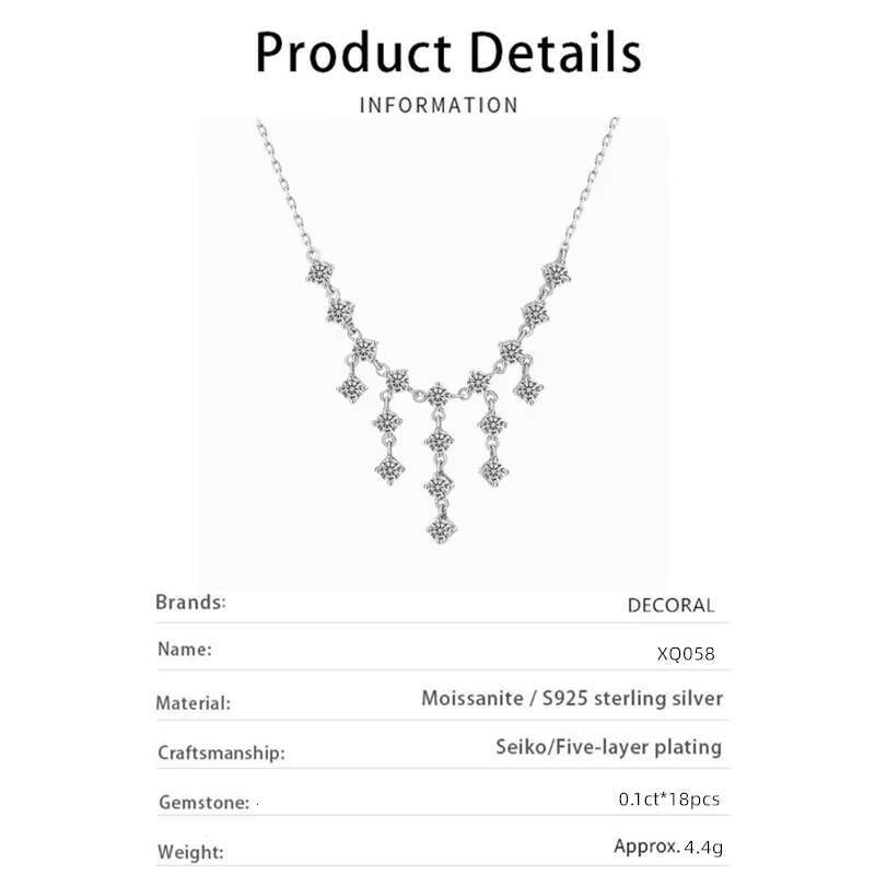 Fine Jewelry 925 Sterling Silver Full Moissanite Necklace Waterfall Shape Tassel Sparkle Drop Moissanite Necklaces for Women