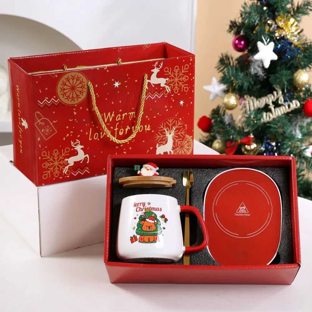 Christmas 55 Merry Christmas Gifts Kit Wooden Lid Santa Claus Pattern Ceramic Mug Snowman Warm Teaspoon for Office Home Use Y251112