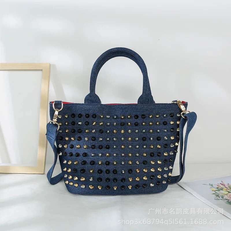 Women Star Rivets Totes Canvas Denim Handbag Large Capacity Mother Bags Studded Single Shoulder Crossbody Bag