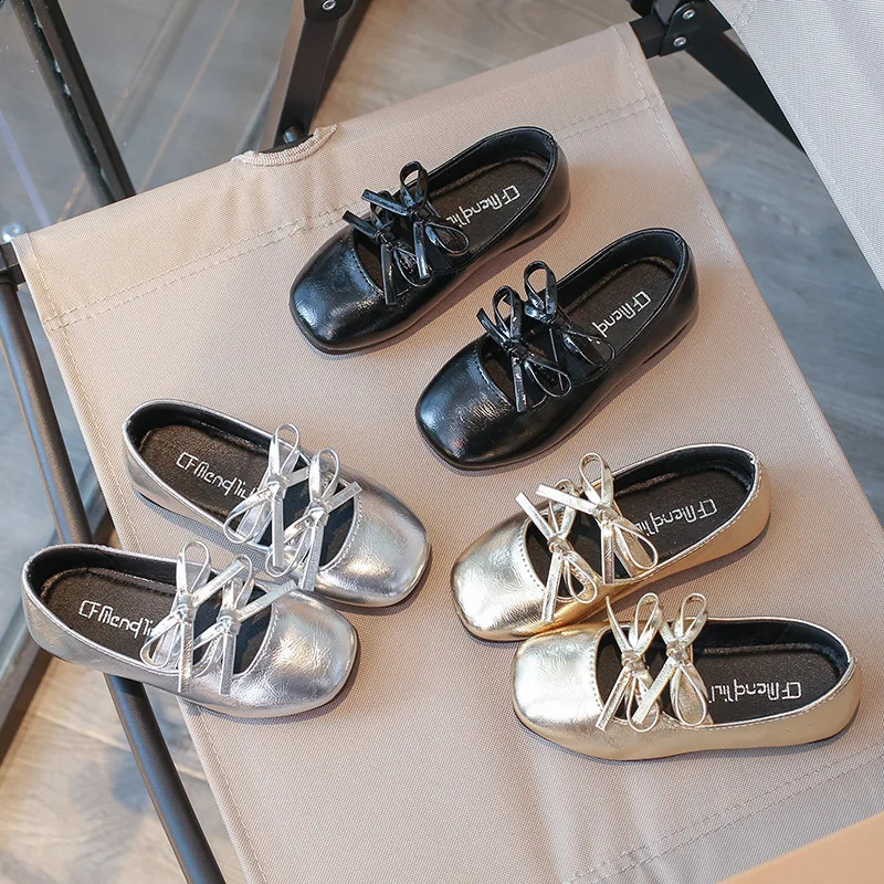 Children Baby Girl Black Gold and Silver Wedding Party Princess Leather Soft soled Shoes Girl Bow Single Shoes H08093 250411