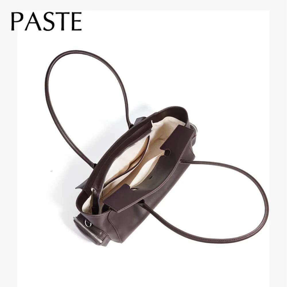 Motorcycle Style Multiple Pockets Design Large Tote Glossy Split Cow Leather Women Handbag Vintage Shoulder Bag Long Handle