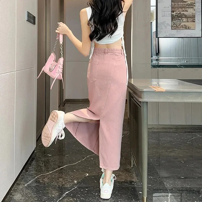 Summer Womens 100% Cotton Denim Shorts Pink High-waisted Slit Retro Elegant Fashionable Casual Denim Long Skirt Female 250407