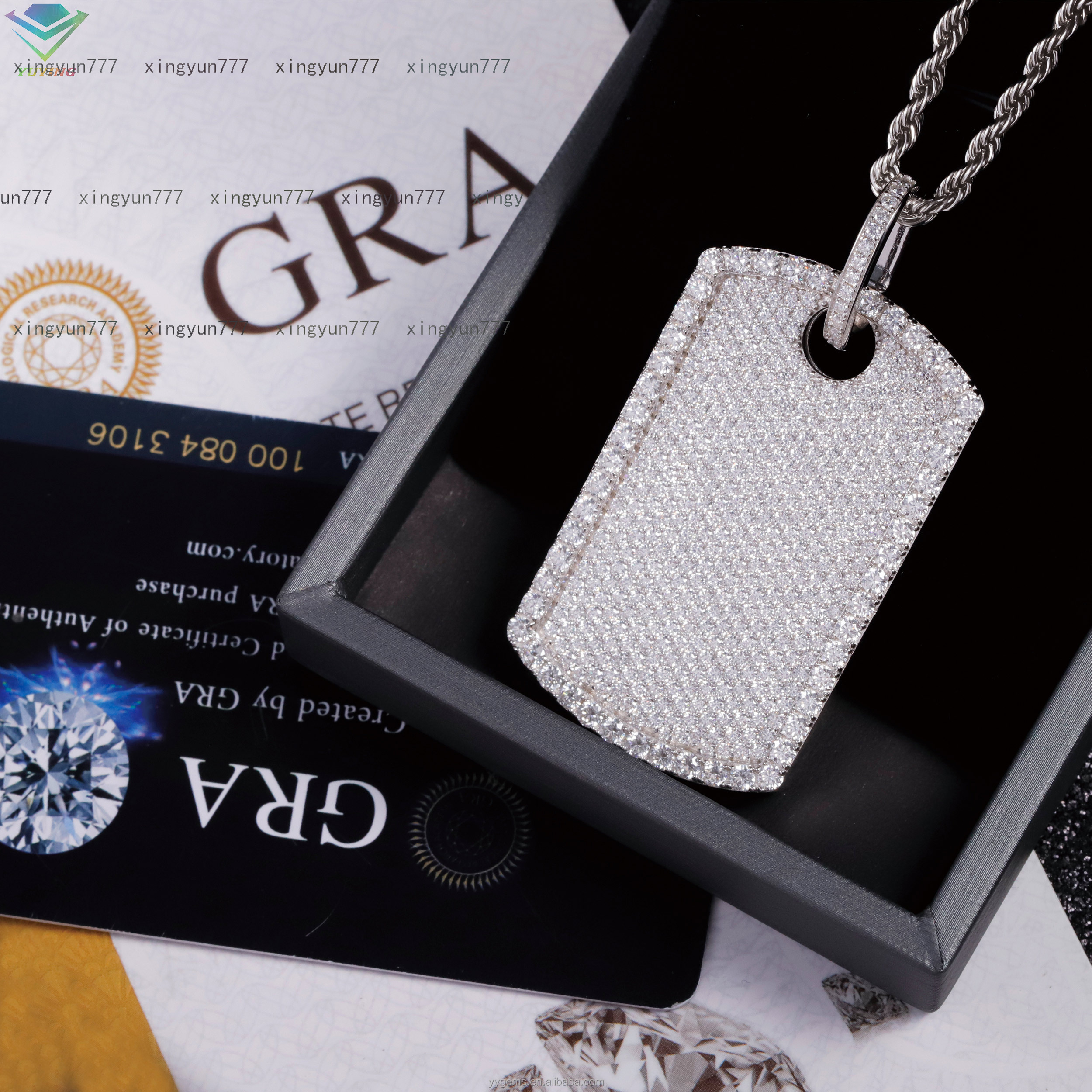 Full Iced Out Moissanite Diamonds Tag Pendant Rope Chain White Gold Plated 925 Silver Hip Hop Pendant Dog Tag Necklace Jewelry