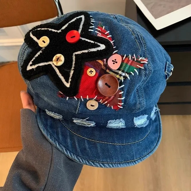 Hip Hop Denim Berets Cap Women Retro Patch Button Star Berets Spring Summer Travel Versatile Show Face Small Octagonal Hat 250403