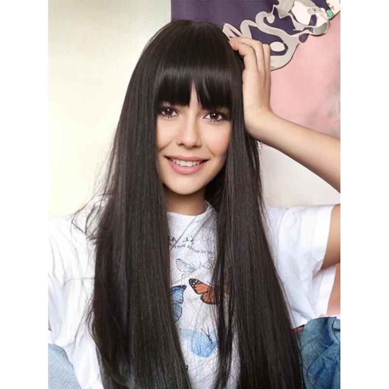 18inch Natural black With Bangs Long Wavy Curly Glueless Fringe Unit Heat Resistant Synthetic Middle Part Full hine Made No Lace Scalp Costume Cosplay