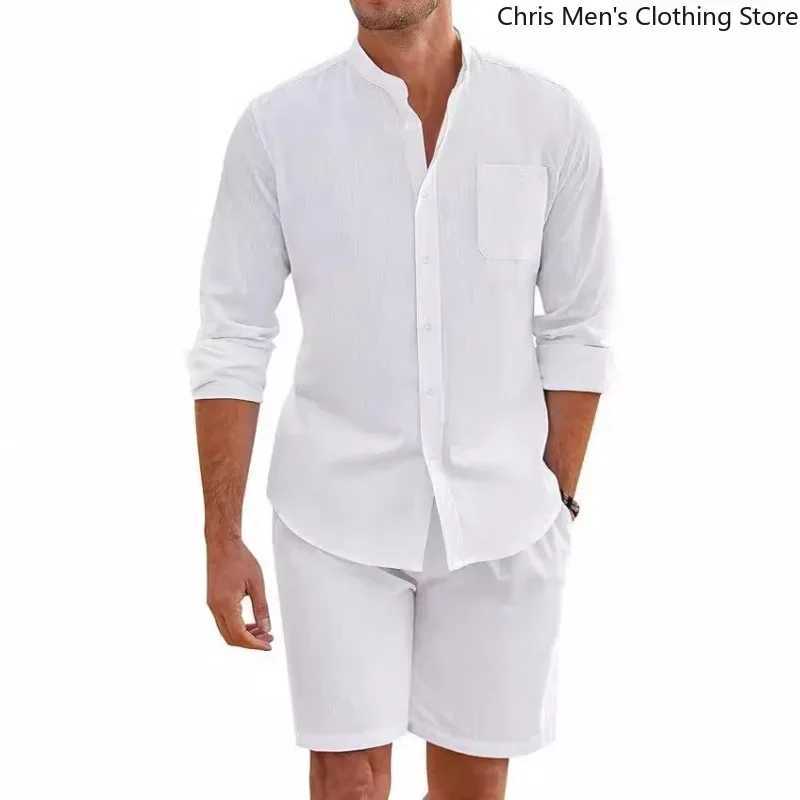 Hot selling comfortable and breathable soft shirts and shorts mens beach vacation mens cotton linen long sleeved two-piece setXJ250412
