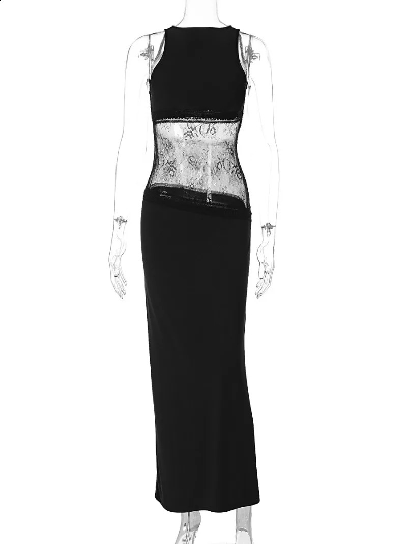 Womens elegant sleeveless lace patchwork evening gown black high street O-neck backless hollow ultra-thin long party gown 250408