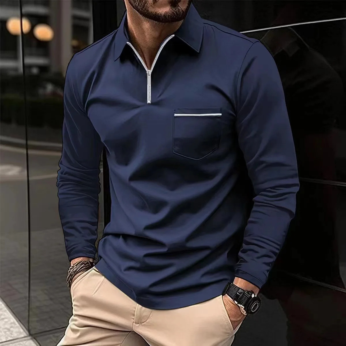 2024 Spring Autumn Solid Color Long Sleeve Polo Shirt Zipper Pocket Lapel Mens Casual Sports Long Sleeve Top Men 250409