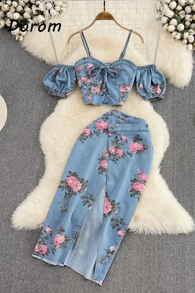 Vintage Flower Print Denim Two Pieces Sets Women Summer V-Neck Lace-up Jeans Crop Top High Waist Irregular Skirt Female Suits 250411