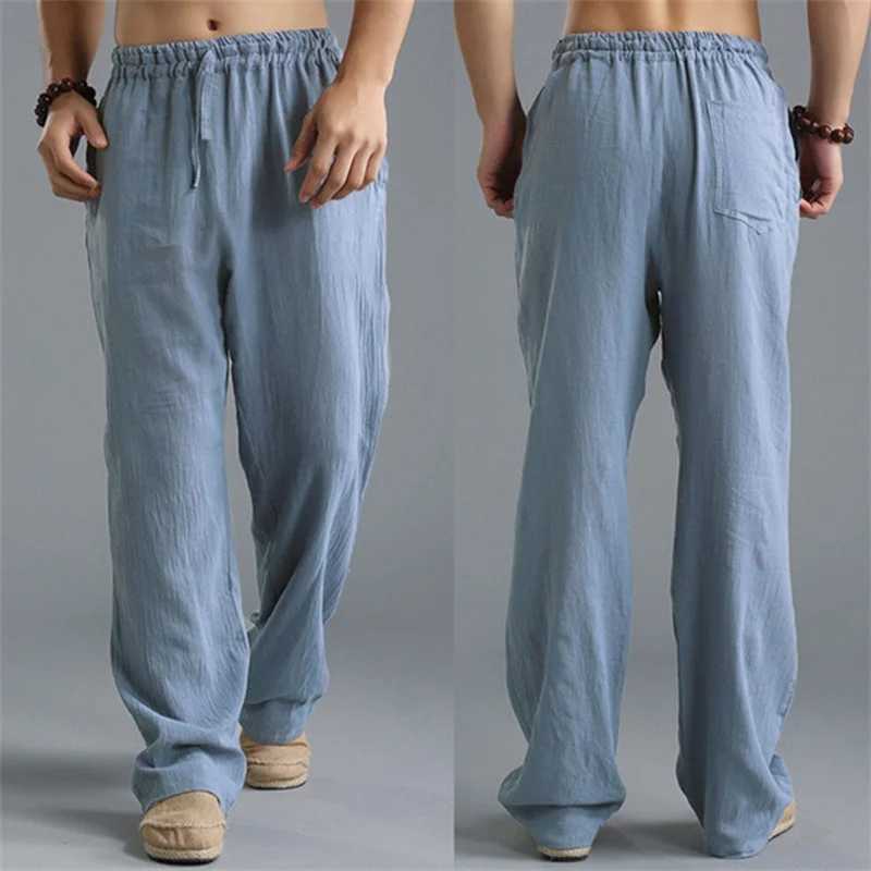 Summer mens solid color linen multi pocket straight casual pants plus large breathable and comfortable brushed loose pantsXJ250412