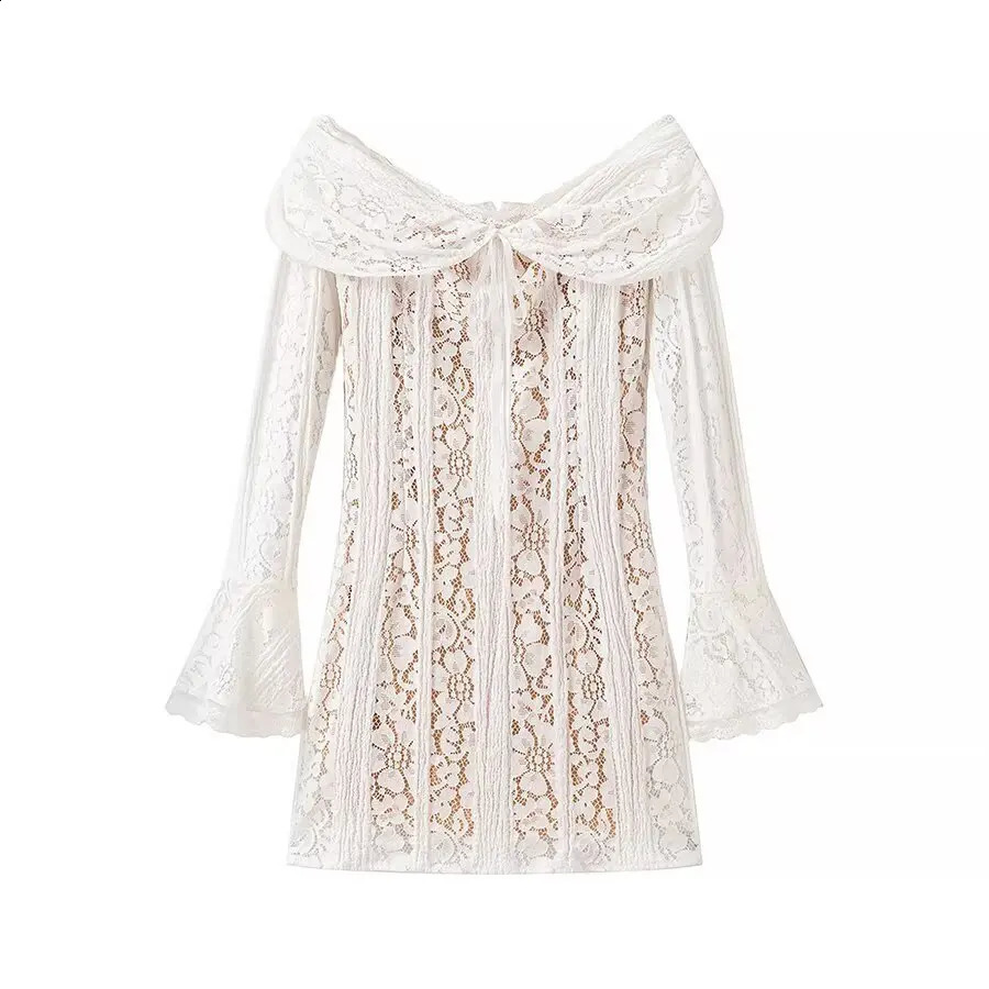 ZBZA Womens Lace-up Mini Dress Slim Fit Hollow One Shoulder Bell Sleeves Solid High Waist Back Zip Dress Summer Chic Dress 250411
