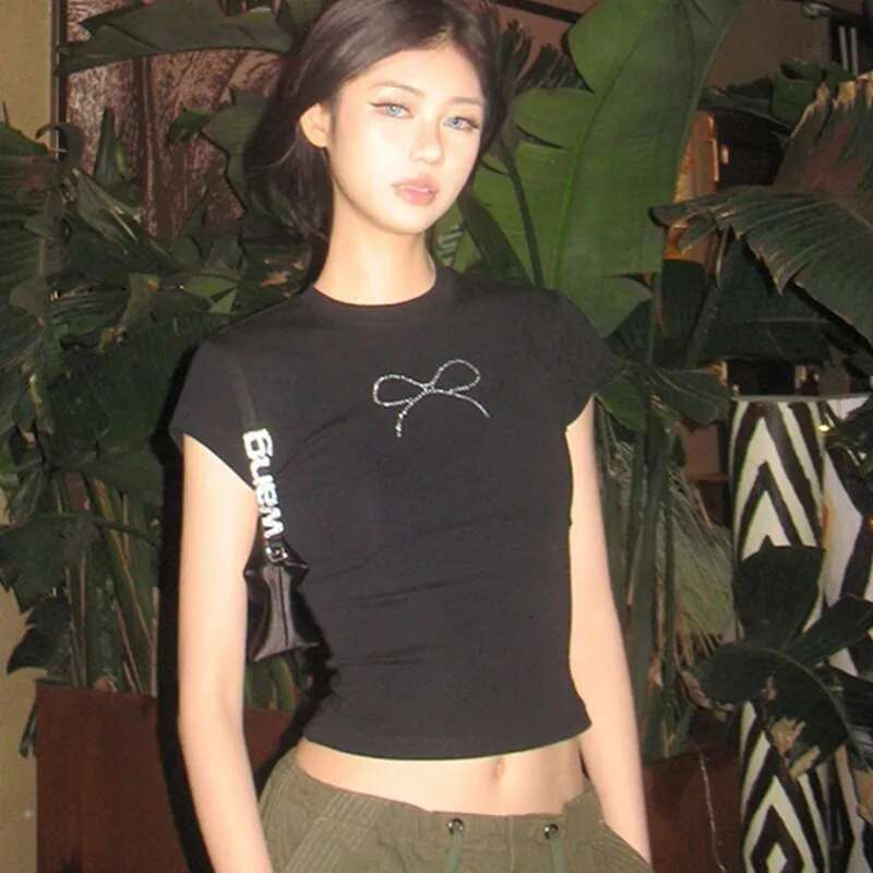 Summer Tops Women Punk Vintage Rhie Bow Tie T Shirt Y2k Clothes Haruku O-Neck Short Sleeve White Goth Fashion Crop Top