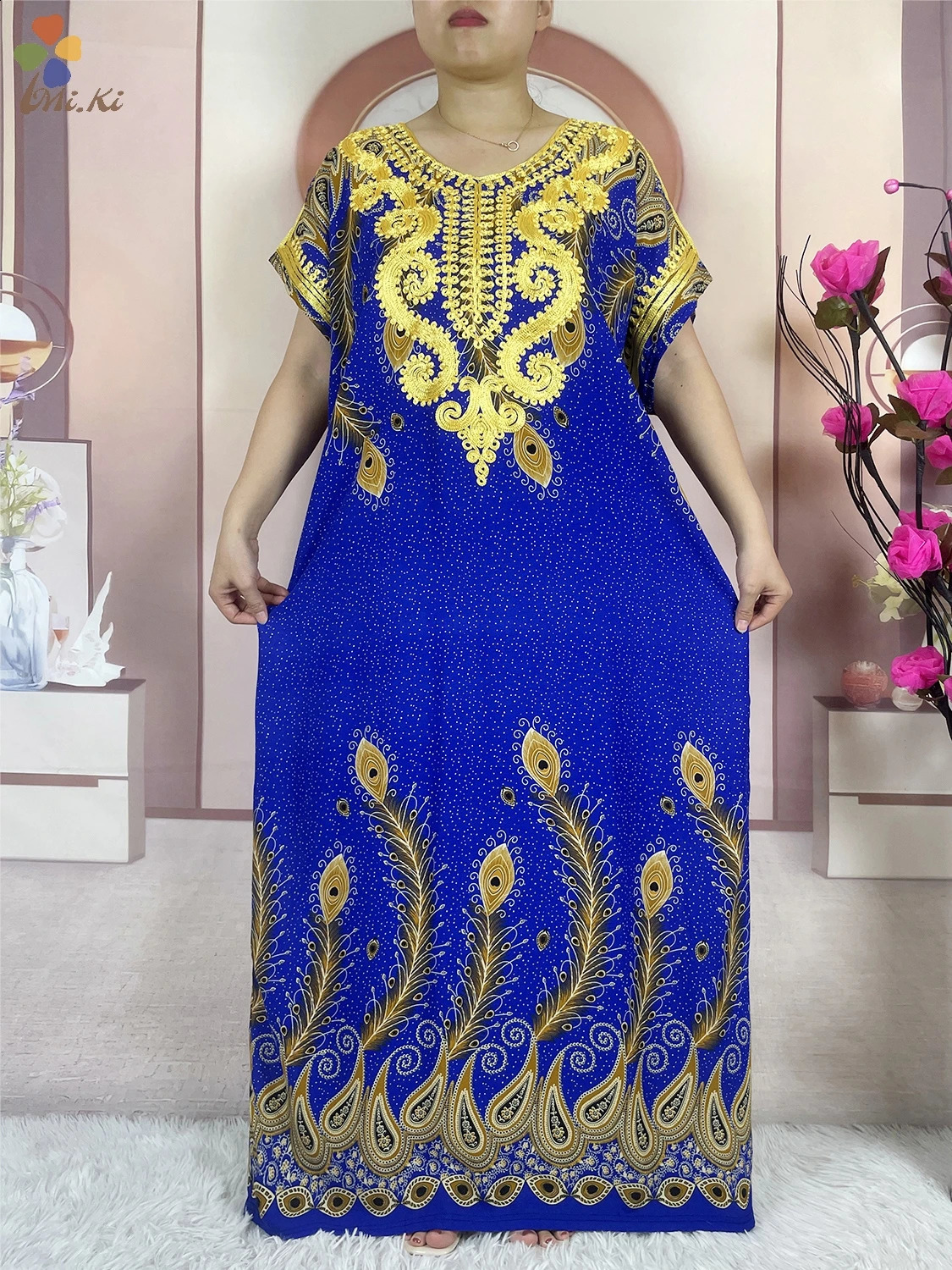 High quality African Abaya womens party dress cotton y printed loose floral fabric Maxi Islamic short sleeved clothing 250411