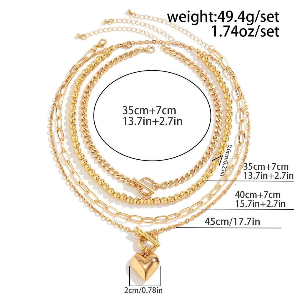 Punk Gold Color Heart Pendant Necklace for Women 2024 Trendy OT Buckle Beaded Neck Chain Choker Y2K Jewelry Accessories