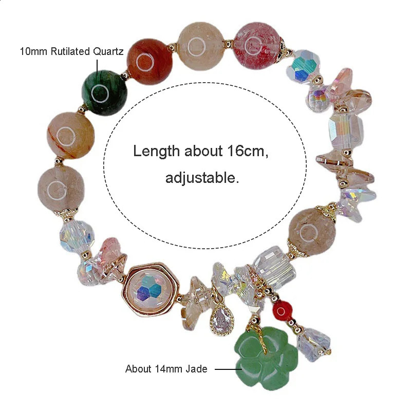 Natural green jadeite flower water droplet pendant multi-color rutile crystal bead bracelet exquisite jewelry for women YBR572 250407