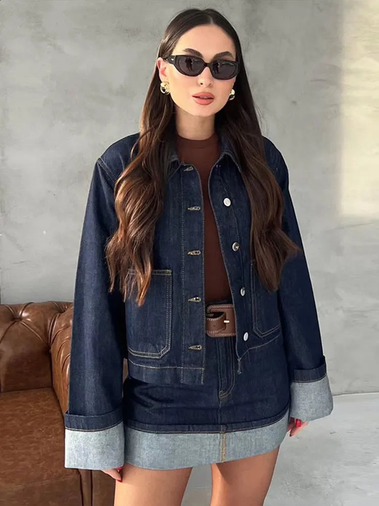 Street Denim Skirt Suits Women Turn Down Collar Single Breasted Coat Mini Skirts Outfit 2025 Spring Fashion Lady Two Pieces Sets 250411