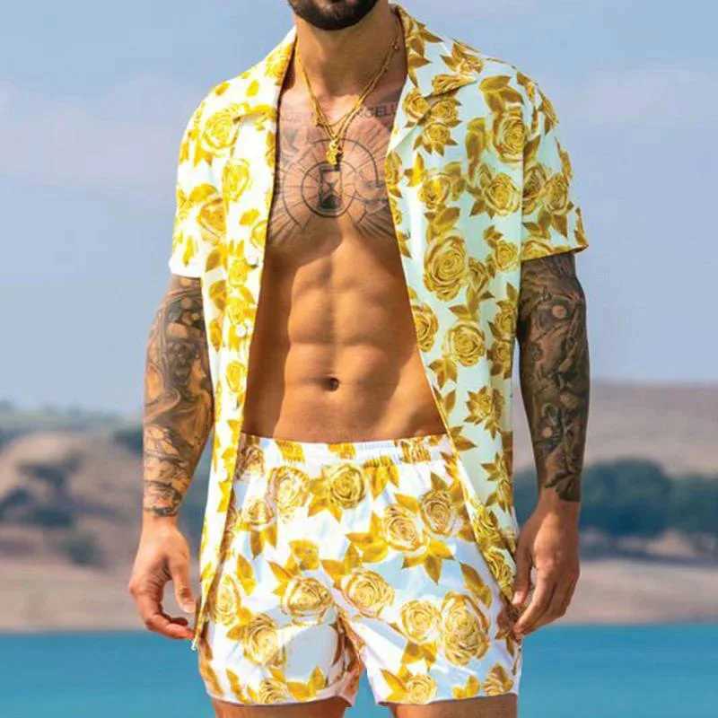2024 Summer Mens Wear European and American Beach Digital Printed Short sleeved Mens Shorts SetXJ250412