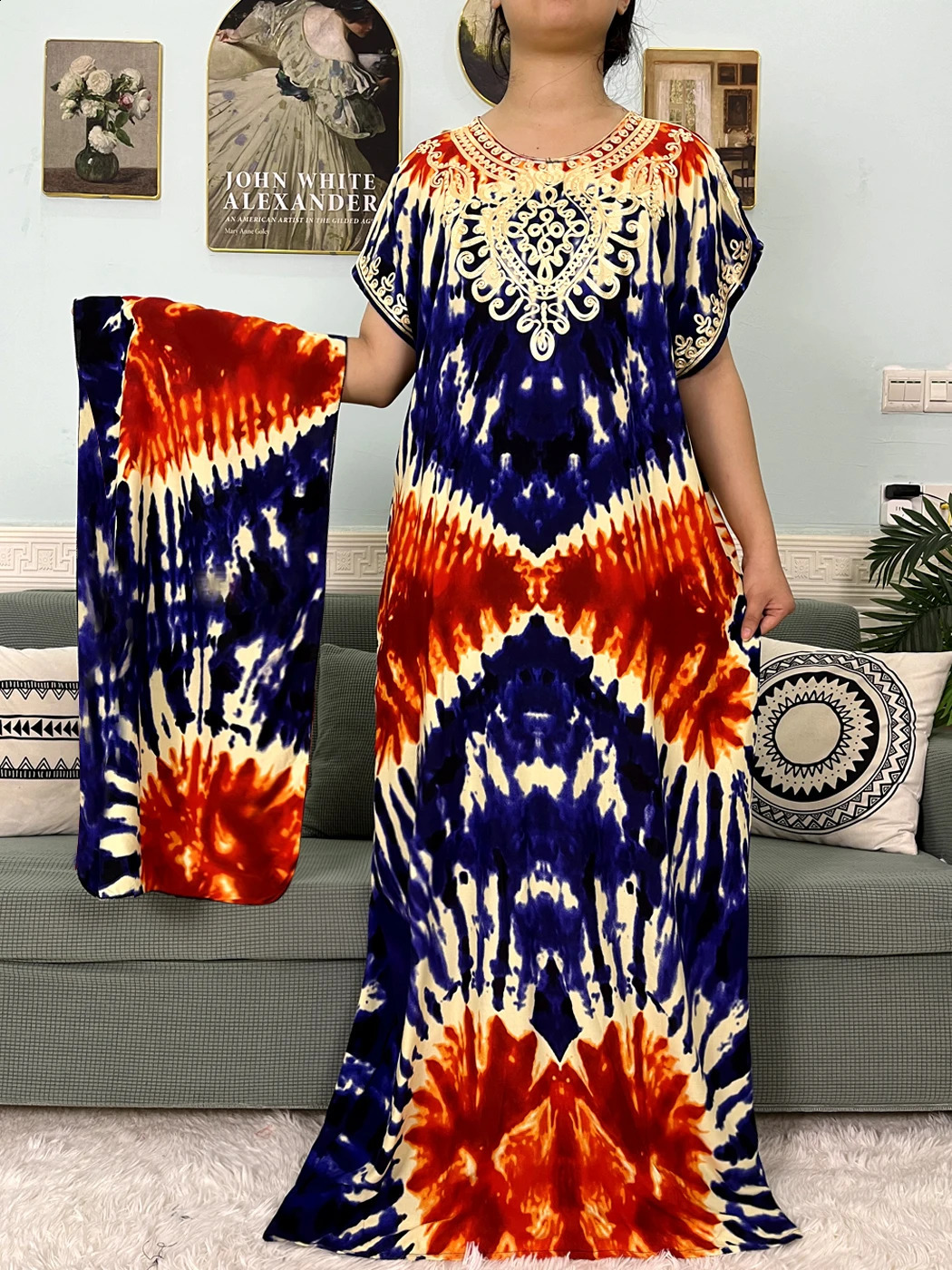 Muslim Cotton Abayas Womens Decal Printed Caftan Marocaine Robe Boubou African Islamic Dress 250411