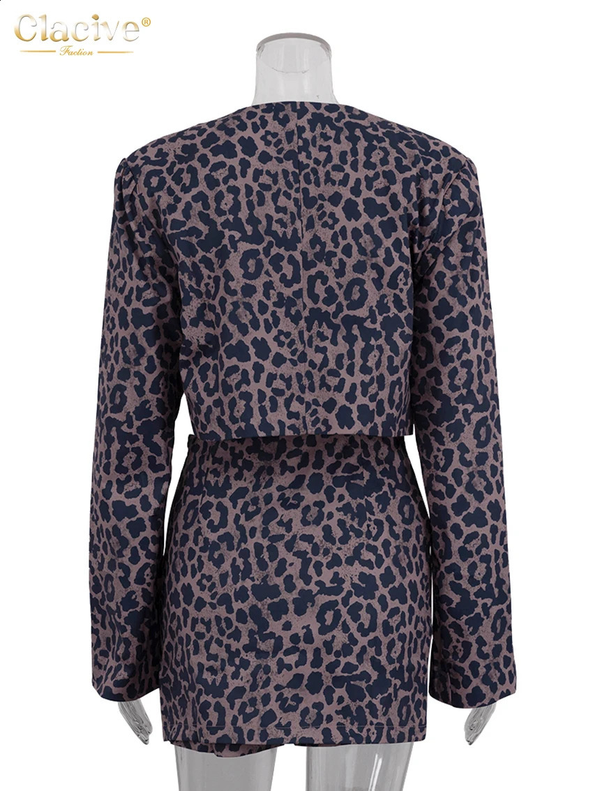 Clacive Fashion Loose Leopard Print Skirts Sets For Women 2 Pieces 2025 Sexy Long Sleeve Crop Top With High Waist Mini Skirt Set 250411