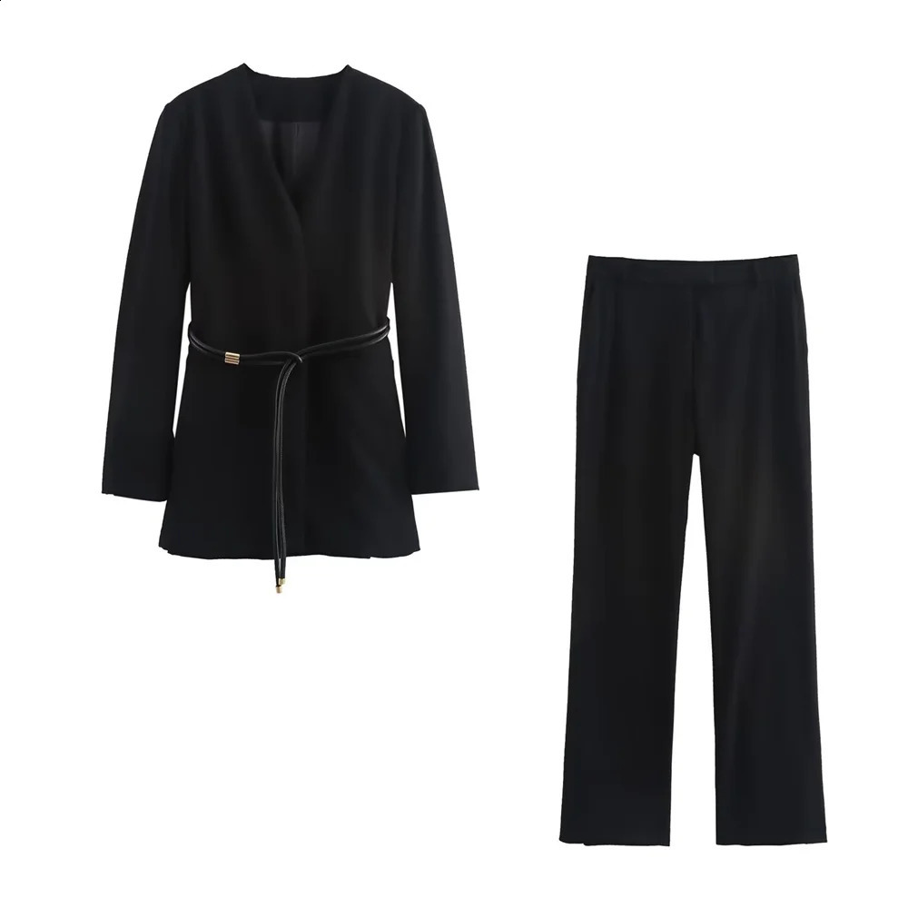 Autumn womens fashionable warm and slim fit V-neck set with belt jacket high waist straight leg casual pants set 250410